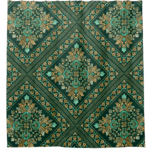 Rideaux De Douche Modèle Damas vintage - vert émeraude et or