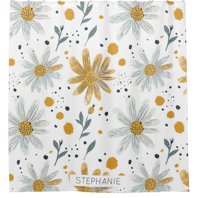 Rideaux De Douche Modèle floral blanc et jaune (Devant)