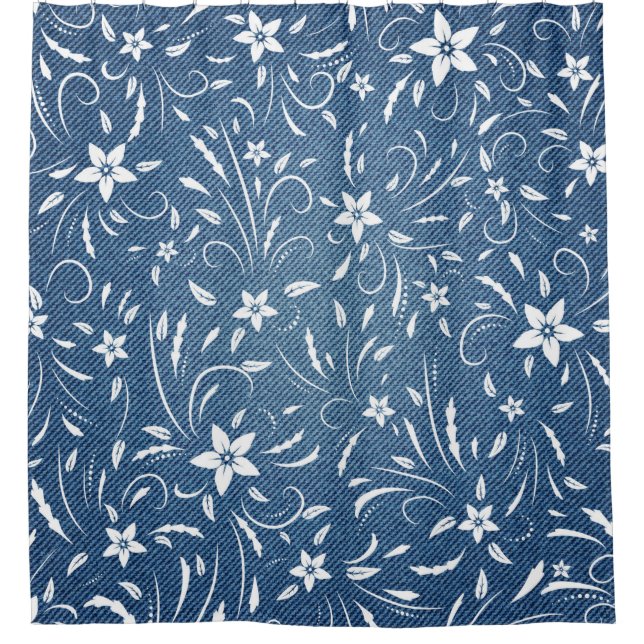 Rideaux De Douche Modèle floral sur denim (Devant)