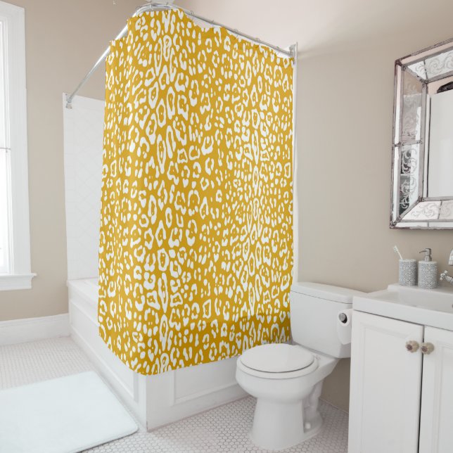 Rideaux De Douche Moderne, blanc, jaune moutarde, poster de animal (En situation)