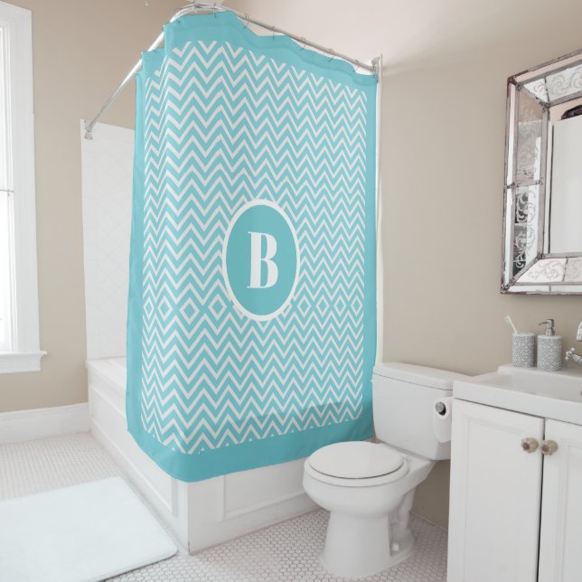 Rideaux De Douche Moderne Bleu Chevron Monogramme Baby Nursery Bain (En situation)