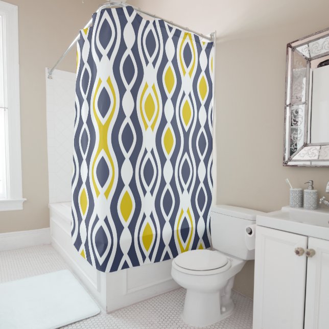 Rideaux De Douche Moderne, élégant, ornement, bleu marine, jaune bla (En situation)