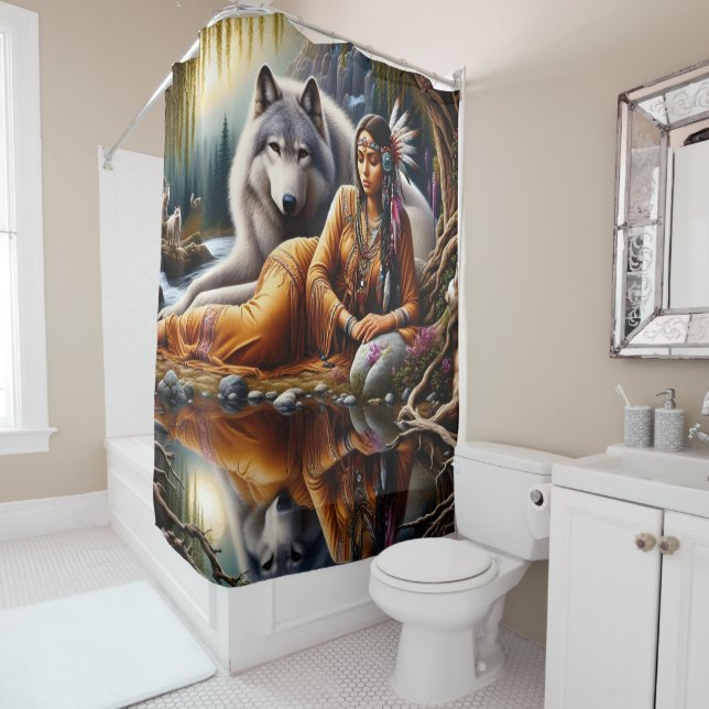Rideaux De Douche Moment tranquille : femme indienne et loup (En situation)