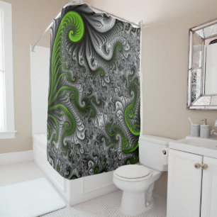 Rideaux De Douche Monde Fantastique Art Fractal Abstrait Vert Et Gri
