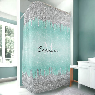 Rideaux De Douche Monogram Aqua Blue Ombre Parties scintillant Silve