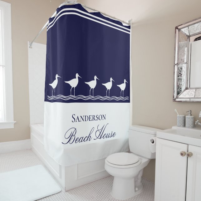 Rideaux De Douche Monogram Beach maison marine bleu Sandpipers (En situation)
