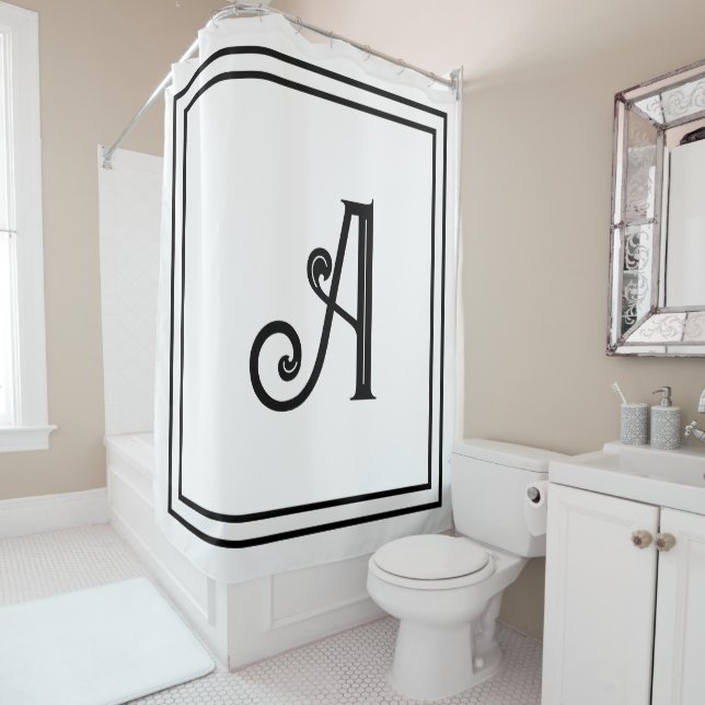 Rideaux De Douche Monogram Initials Name Black White Custom Script  (En situation)