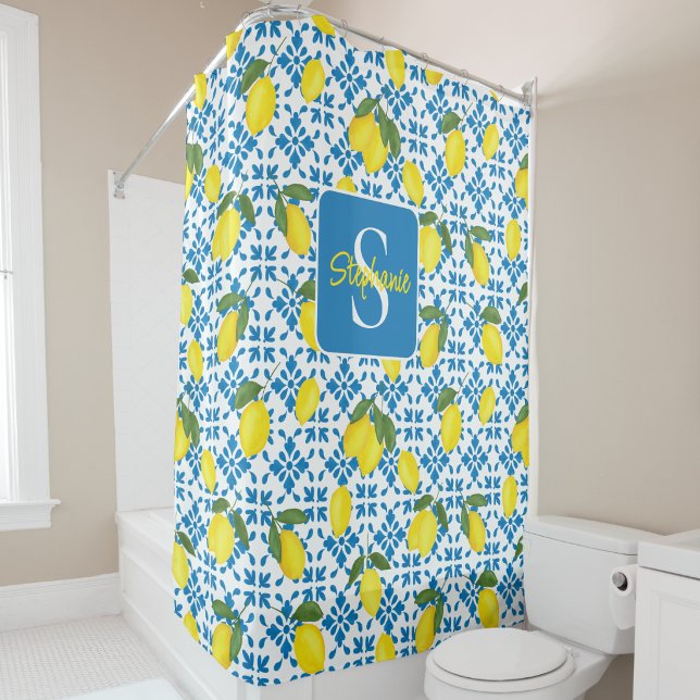Rideaux De Douche Monogram Name Blue French Tile Lemon Pattern  (Créateur téléchargé)