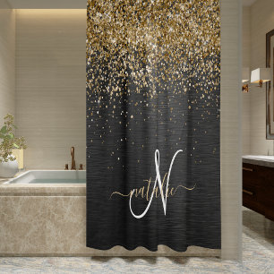Rideaux De Douche Monogramme à étincelle noire à Parties scintillant