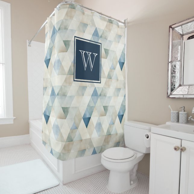Rideaux De Douche Monogramme Abstrait Blue Tranquil Beach Motif Show (En situation)