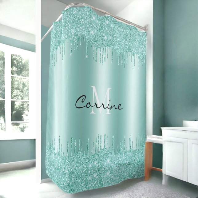Rideaux De Douche Monogramme Aqua Blue Dbl Parties scintillant de sé (Créateur téléchargé)