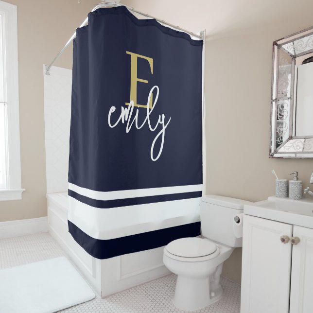 Rideaux De Douche Monogramme Bandes Nautiques Marine Or Blanc (En situation)
