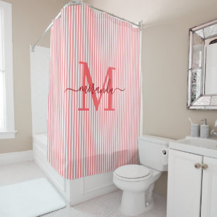 Rideaux De Douche Monogramme bandes rouges et blanches modernes