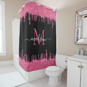 Rideaux De Douche Monogramme Black Metallic Hot rose Parties scintil
