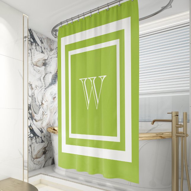 Rideaux De Douche Monogramme blanc encadré vert chaux (Créateur téléchargé)
