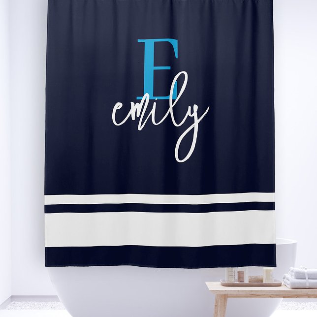 Rideaux De Douche Monogramme Bleu blanc bleu marine (Add Your Custom Monogram Initial. Personalize Your Name in Stylish Handwritten Script.)