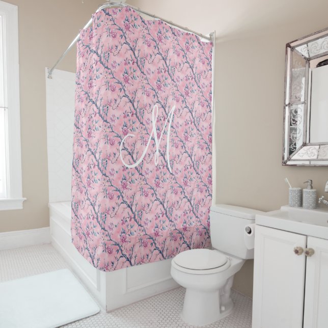 Rideaux De Douche Monogramme bleu rose toile Chinoiserie Floral (En situation)