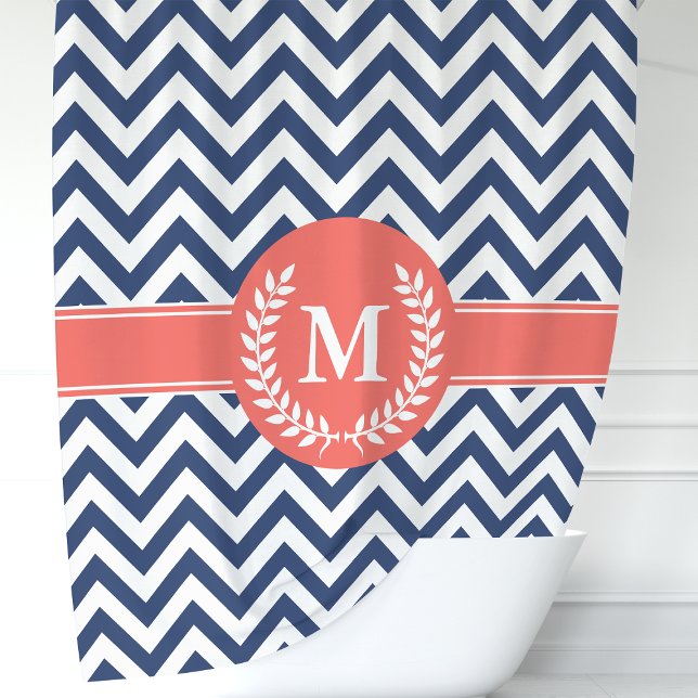 Rideaux De Douche Monogramme Chevron Laurel de la marine bleu et cor (Créateur téléchargé)