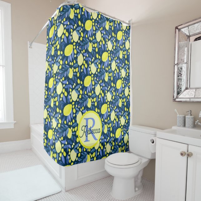 Rideaux De Douche Monogramme Chic Nom Rustique Citron Citrons Feuill (En situation)