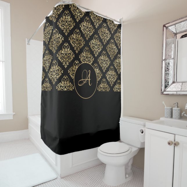 Rideaux De Douche Monogramme Damas Gold sur noir (En situation)
