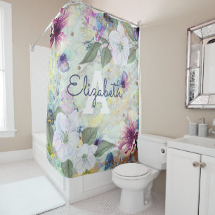 Rideaux De Douche monogramme d'aquarelle verte de la mer vintage flo