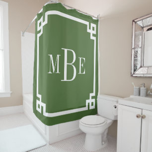 Rideaux De Douche Monogramme de bordure de clé grecque Moss Green