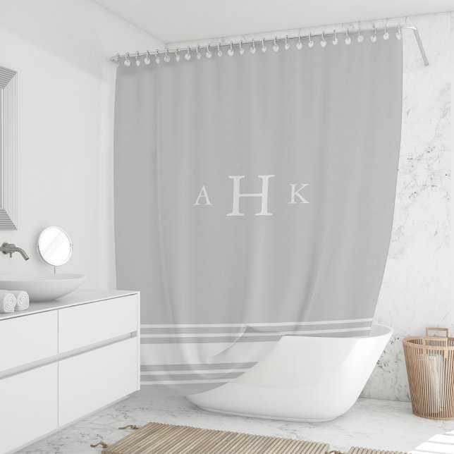 Rideaux De Douche Monogramme de bordure gris et blanc classique (Créateur téléchargé)