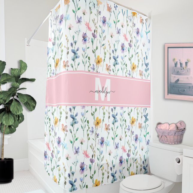 Rideaux De Douche Monogramme de fleur sauvage élégante (Elegant Wildflower Script Monogram Shower Curtain)