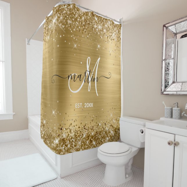 Rideaux De Douche Monogramme de la famille Glitt Gold Foil (En situation)