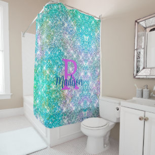 Rideaux De Douche Monogramme de la fausse parties scintillant bleue 