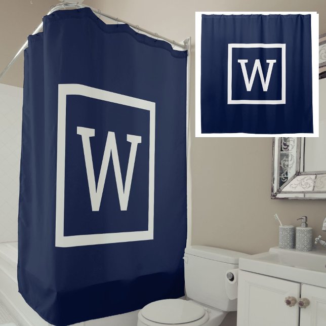 Rideaux De Douche Monogramme de la frontière de la marine Blue Prepp (Navy Blue Preppy Graphic Border Monogram Shower Curtain)
