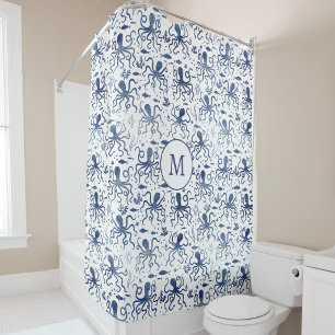 Rideaux De Douche Monogramme de la pieuvre sous-marine aquarelle ble