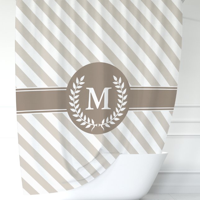 Rideaux De Douche Monogramme de laurier rayé beige et mocha (Créateur téléchargé)