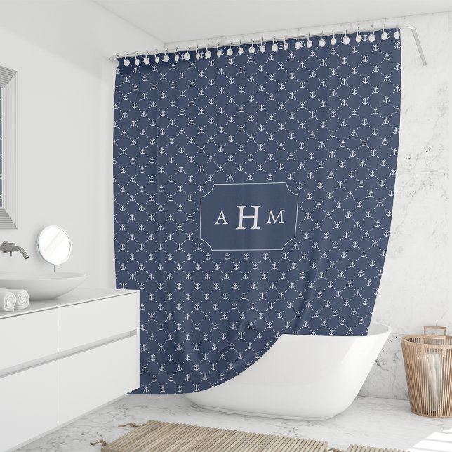 Rideaux De Douche Monogramme de Motif d'Ancres de marine et blanc (Créateur téléchargé)