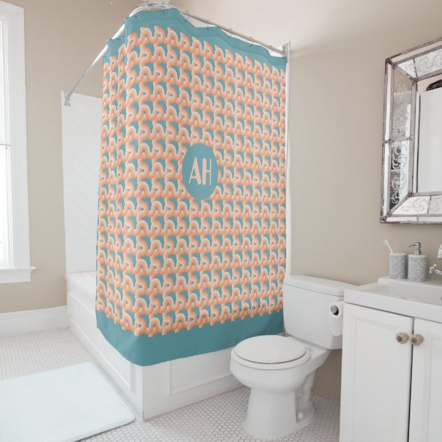 Rideaux De Douche Monogramme de noeud saumon et Turquoise (En situation)