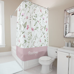 Rideaux De Douche Monogramme de nom de fleur sauvage aquarelle rose 
