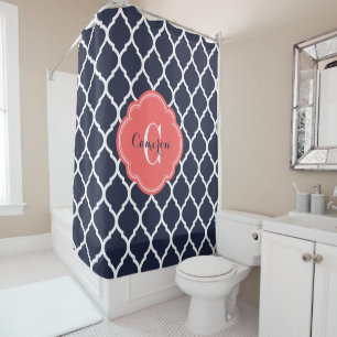 Rideaux De Douche Monogramme de Quatrefoil Marocain Marine et Coral