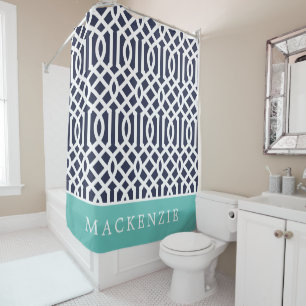 Rideaux De Douche Monogramme de treillis aqua et marine