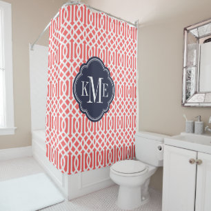 Rideaux De Douche Monogramme de treillis de corail et de marine