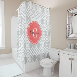 Rideaux De Douche Monogramme de Trellis gris et corail