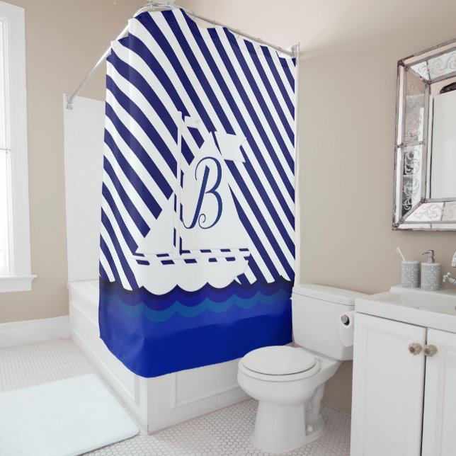 Rideaux De Douche Monogramme de voilier moderne personnalisé (En situation)