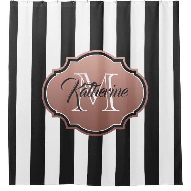 Rideaux De Douche Monogramme des bandes noires et blanches (Devant)