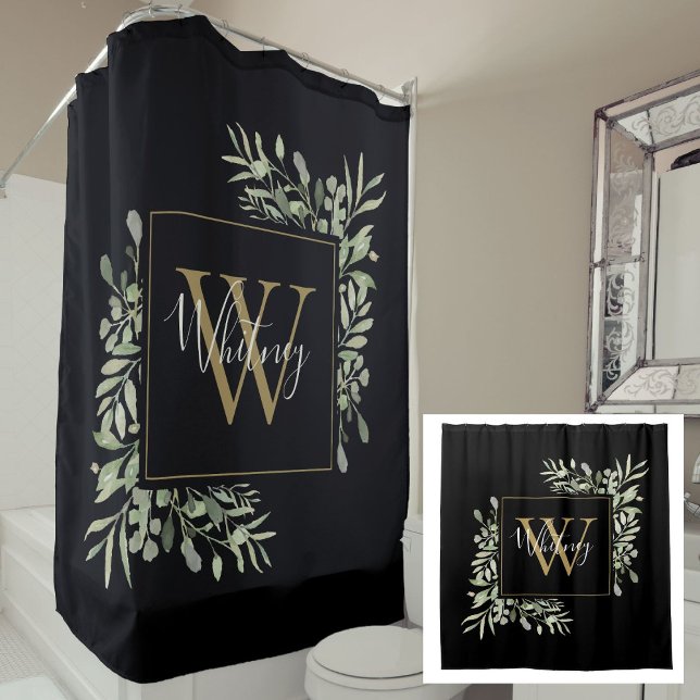 Rideaux De Douche Monogramme d'or noir Vert Floral (Black Gold Monogram Greenery Floral Shower Curtain)