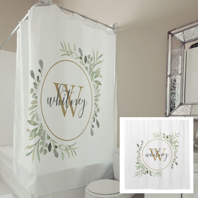 Rideaux De Douche Monogramme doré script chic avec verdure aquarelle (Watercolor Greenery Gold Monogram Chic Script Shower Curtain)