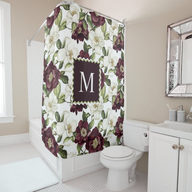 Rideaux De Douche Monogramme du modèle floral de Bourgogne (En situation)