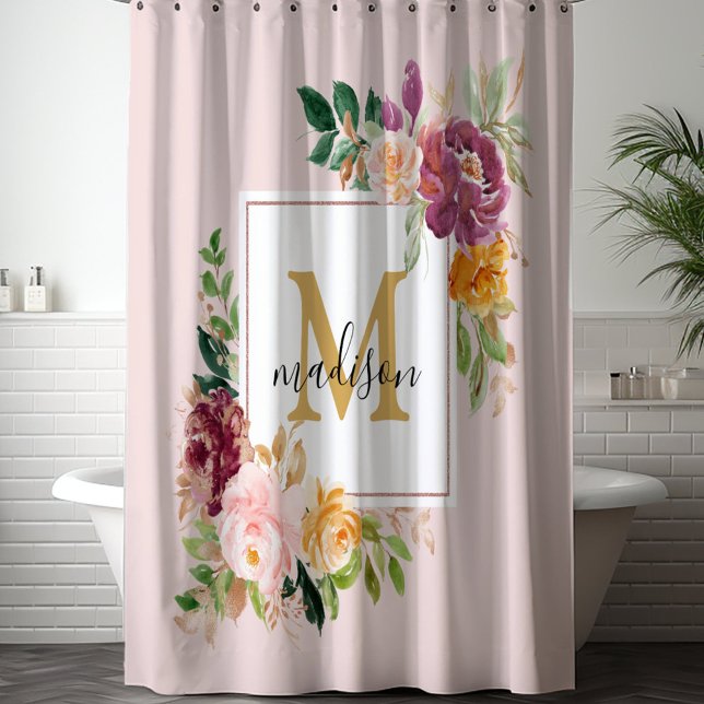 Rideaux De Douche Monogramme Elegant Aquarelle Rose Floral Botanique (In situ)
