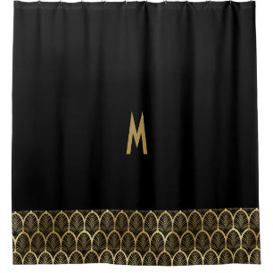Rideaux De Douche Monogramme Élégant Art Déco Gatsby noir et or
