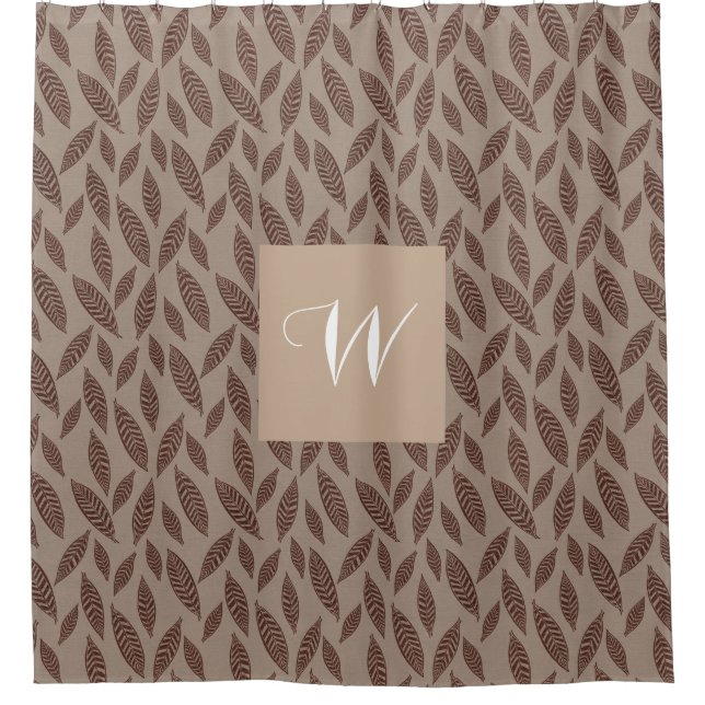 Rideaux De Douche Monogramme Élégant Feuilles Imprimées en Bloc Tan  (Devant)
