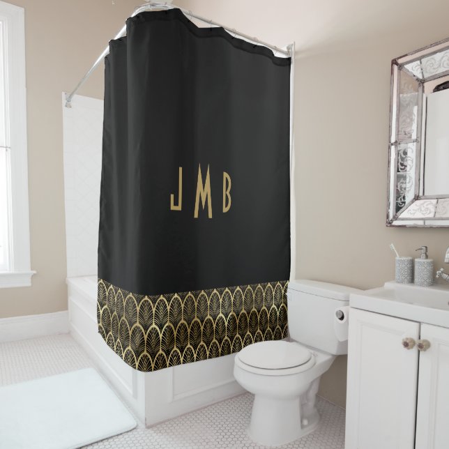 Rideaux De Douche Monogramme Elegant Noir et Or Art Déco Gatsby (En situation)