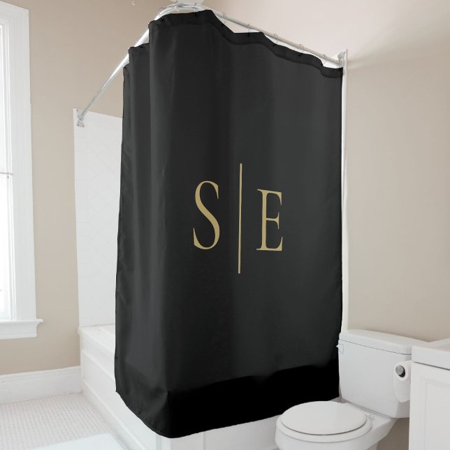 Rideaux De Douche Monogramme Élégant Noir Et Or Minimaliste (Black And Gold Elegant Monogram Minimalist Shower Curtain)